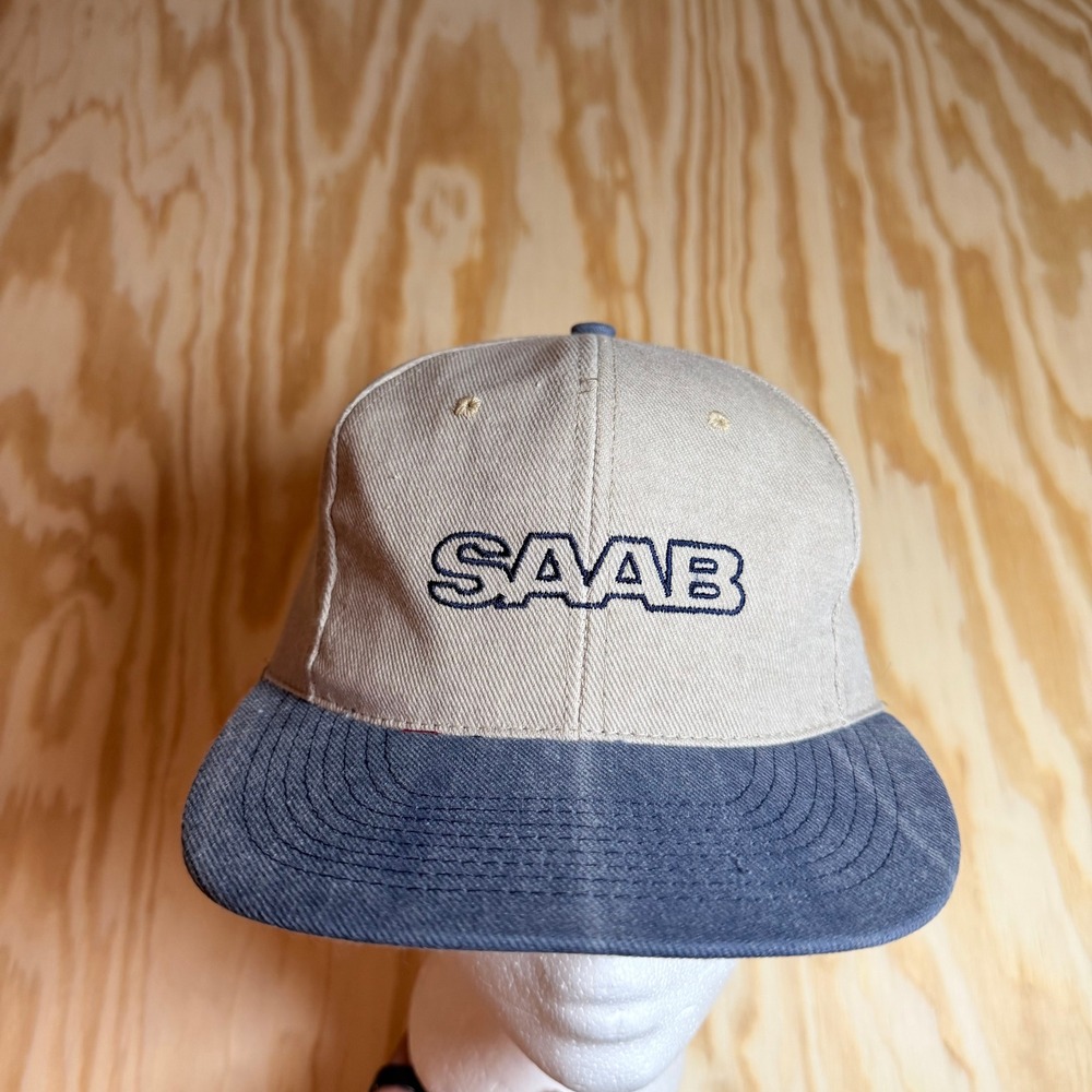 Vintage Saab Hat Graham Caps Tan Blue Leather Strapback Made in USA Mens OSFA